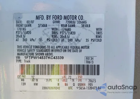 2007 Ford F-150 Fx4/Lariat/Xlt from USA, damaged, VIN 1FTPW14537KC43339